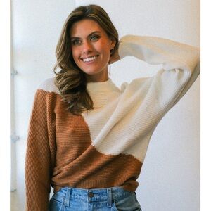 Lush Cream and Brown Colorblock Sweater